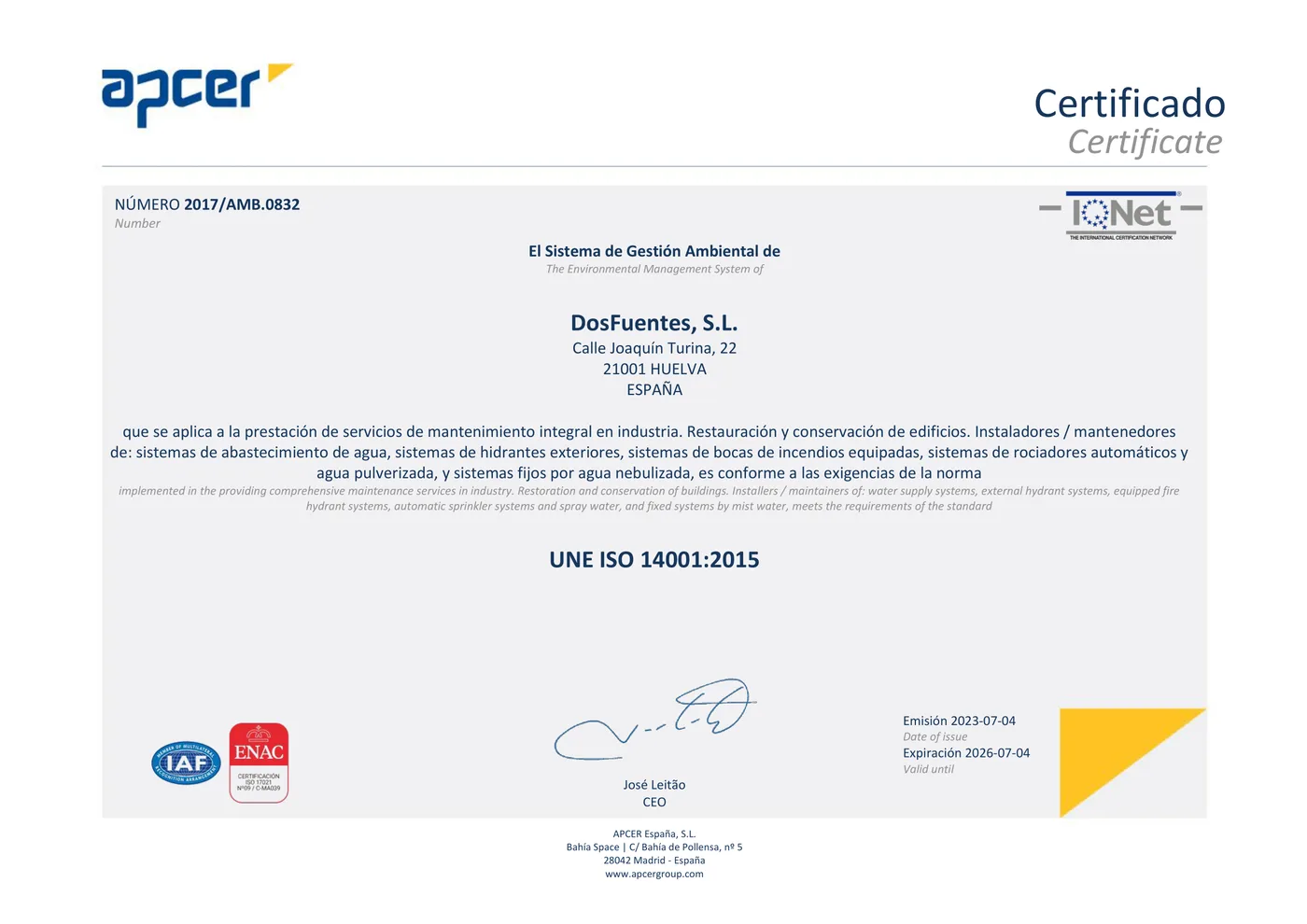 Certificado ISO 14001 de Dosfuentes (medio ambiente)