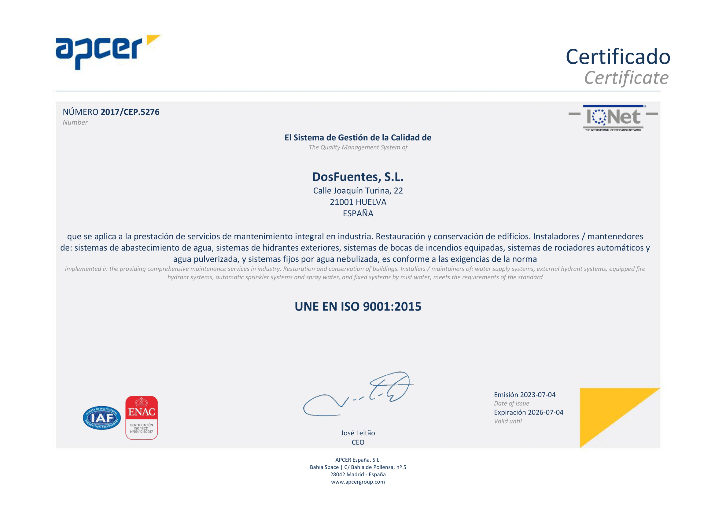 La empresa Certificado de calidad iso 9001 2025